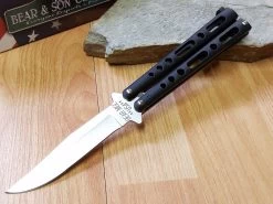 Bear & Son 9" Black Handle Butterfly Folding Knife - Flipping - 117b