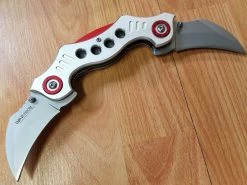 Dual Blade Silver And Red Hawkbill Karambit Pocket Knife - 3645sl
