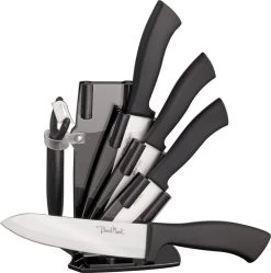 Benchmark 5pc Ceramic Black Kitchen Knife & Peeler Set W/ Storage Block 061