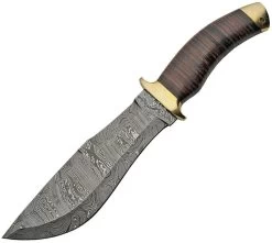 Damascus 13" Stacked Leather Brass Guard Bowie Knife + Leather Sheath 1205