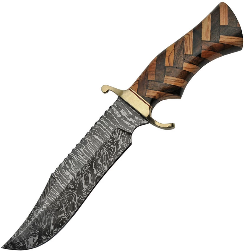 Damascus 12" Checkered Wood Brass Guard Bowie Knife + Leather Sheath 1221 3 Damascus 12" Checkered Wood Brass Guard Bowie Knife + Leather Sheath 1221