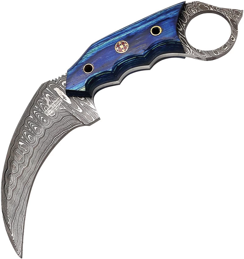 FH Knives Damascus Karambit Blue Pakkawood Fixed Blade Knife KMBT001 3 FH Knives Damascus Karambit Blue Pakkawood Fixed Blade Knife KMBT001