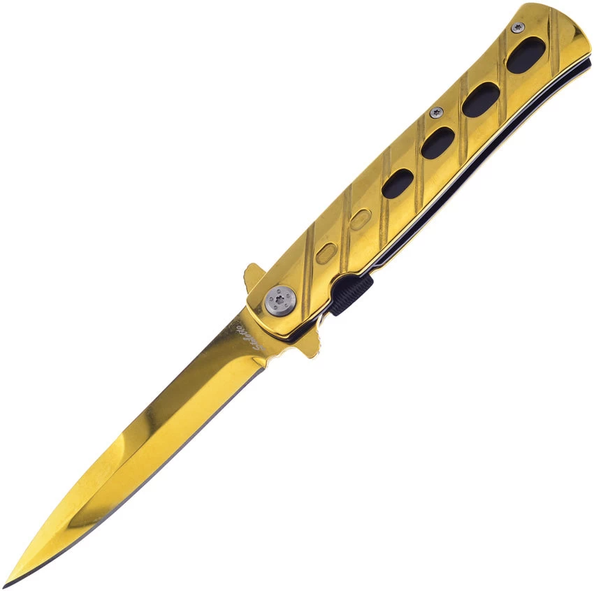 Frost Cutlery Milano Stiletto Linerlock A/O Gold Handle Stainless Knife 005GD 3 Frost Cutlery Milano Stiletto Linerlock A/O Gold Handle Stainless Knife 005GD