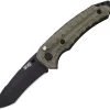 SOG Kiku Button Lock A/O Black Folding Blade Green Micarta Handle Knife KU3002 -Knives = the best. KU3002