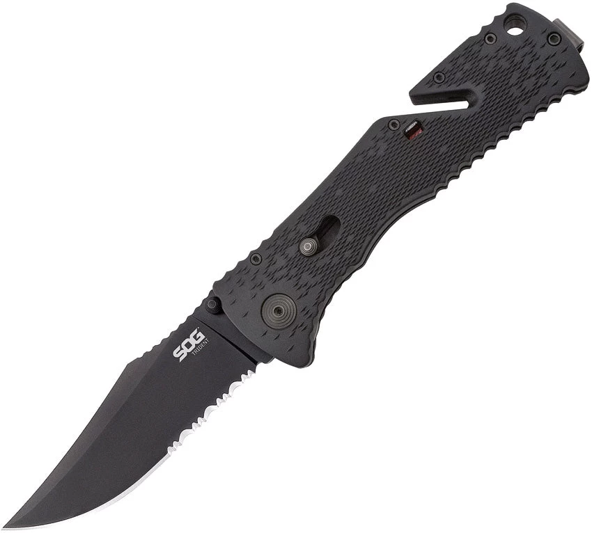 SOG Trident A/O TiNi Clip Folding Part Serrated Blade Black Handle Knife TF1BX 3 SOG Trident A/O TiNi Clip Folding Part Serrated Blade Black Handle Knife TF1BX