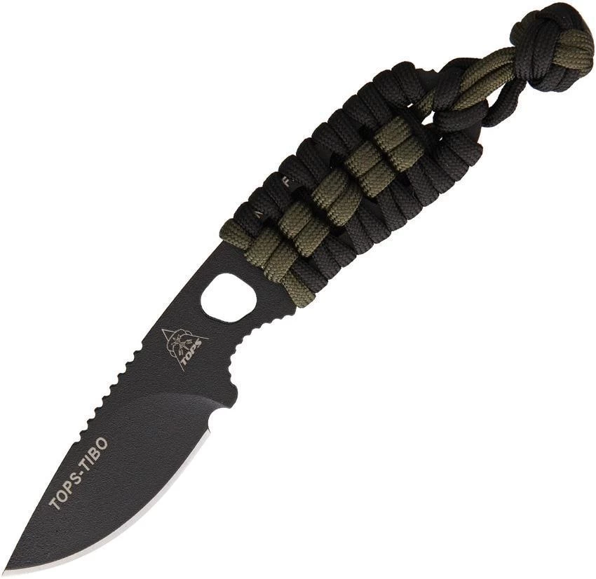 TOPS Tibo Fixed One Piece Blade Black Green Paracord Handle Neck Knife TIBO01PC 3 TOPS Tibo Fixed One Piece Blade Black Green Paracord Handle Neck Knife TIBO01PC