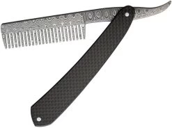 Bastion EDC Straight Damascus Steel Razor Comb W/ Black Carbon Fiber Handle TN07